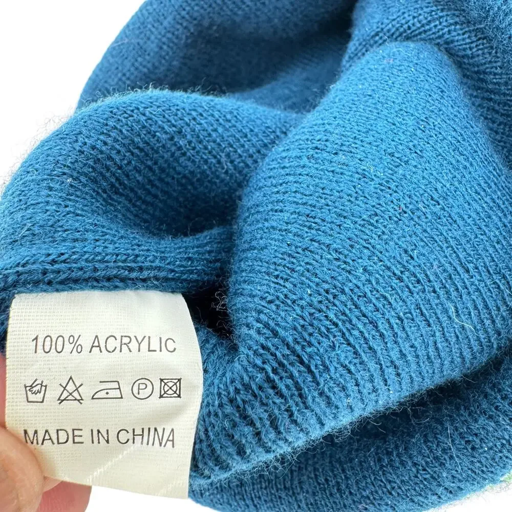 Seattle Space Needle Souvenir Beanie Hat OS Blue‎ Green Knit Stylish Pom Pom